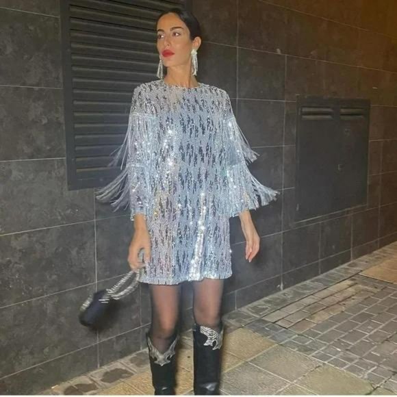 ZARA FRINGED SEQUIN MINI SHIFT DRESS - Picture 5 of 7